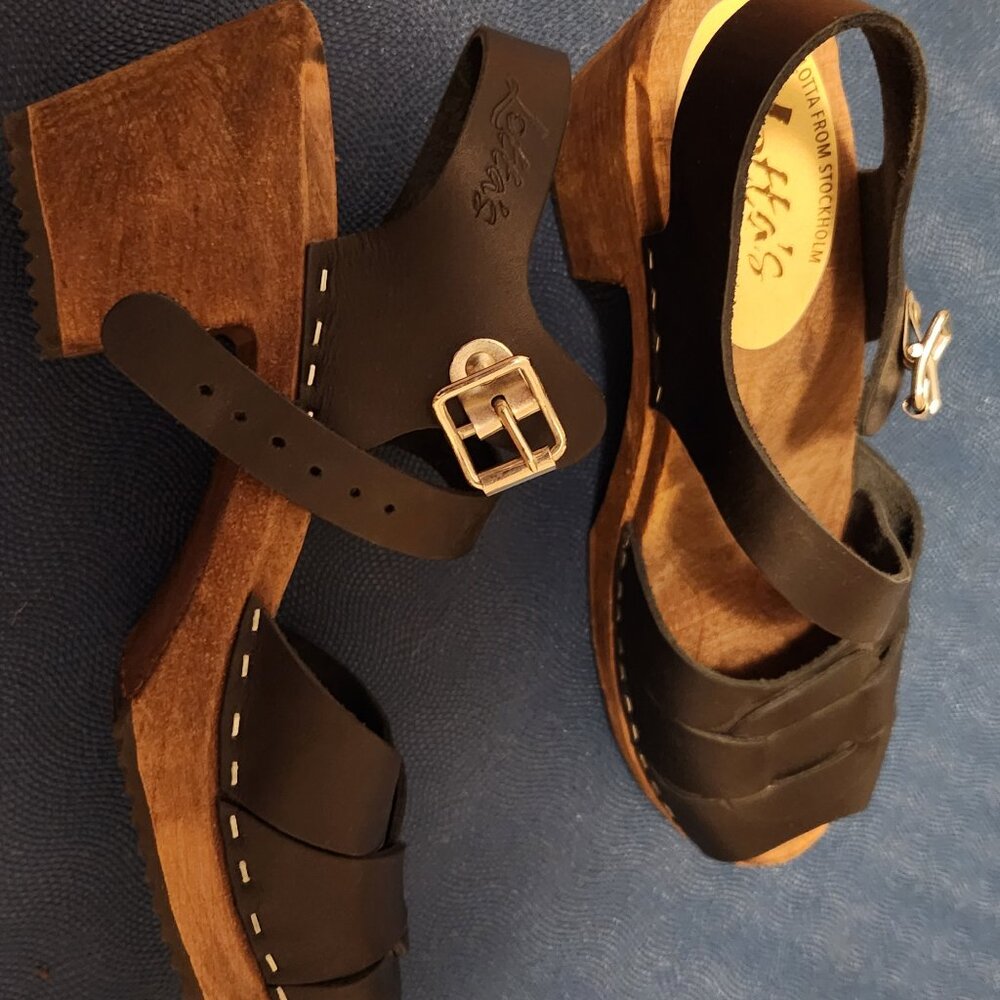 Lotta from Stockholm Peep Toe Clogs Black on Brown Base US 9.5 Eur 41 - Picture 3 of 7